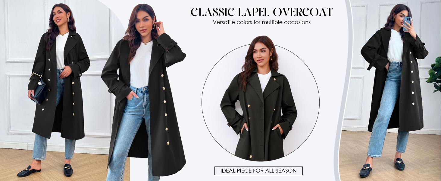 Womens Long Trench Coat Oversized Double Breasted Windproof Classic Lapel Casual Fall Overcoat Tops Womenswear