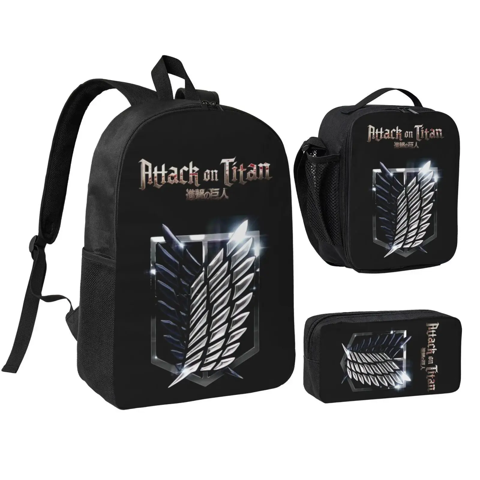 Anime Attack On Titan4 backpack with lunch bag pencil box for Teen Girls Boys, 3pcs kids school bag with adjustable straps, office travel bag Bookbag lunchbox