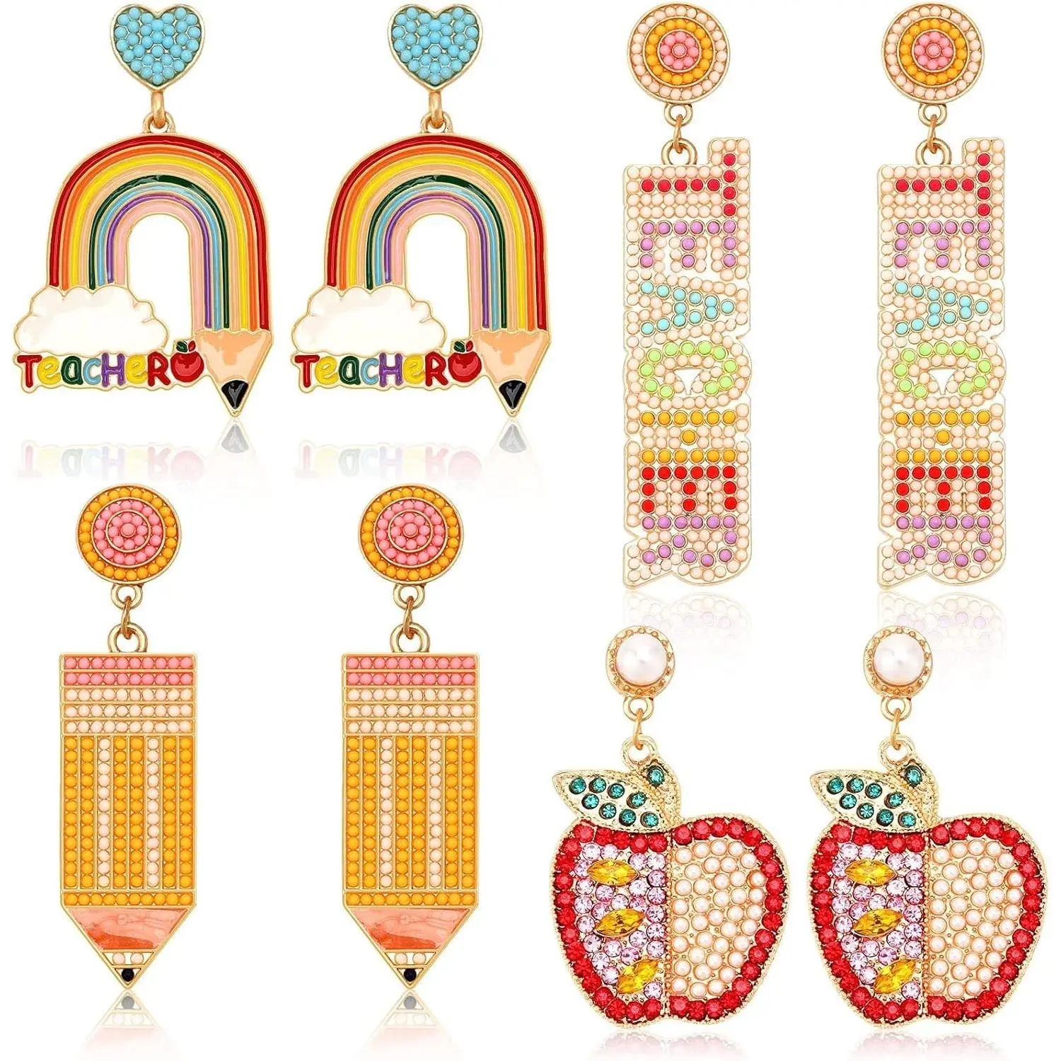 4 Pairs Teacher Pencil Earrings Set, Sparkly Dangle Drop for Women(Gift)