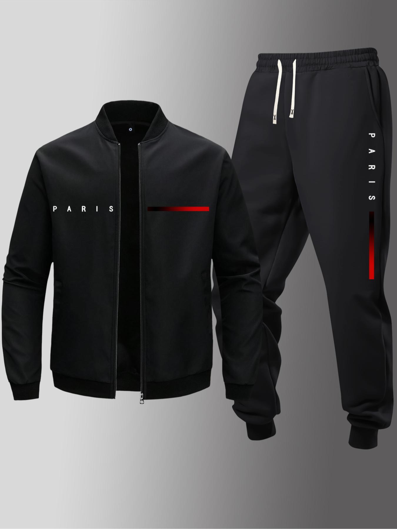 Men's Letter Print Zip Up Jacket & Elastic Waist Sweatpants Set, Regular Fit Cozy Breathable for Daily Outdoor Wear, Spring & Fall, Athletic Tracksuit, Casual Sportswear, Streetwear Tracksuit Set, Sweatsuit Set, Athleisure Sweatsuit, Training Tracksuit
