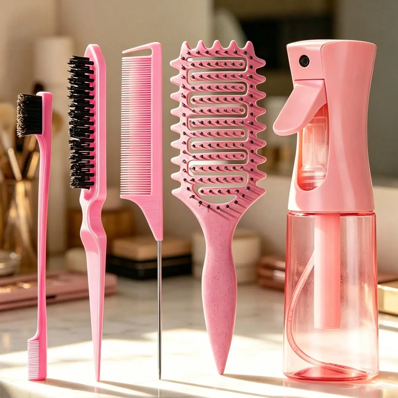 5-Piece Hair Styling Tool Set, Hair Salon Tools, Hollow Elastic Comb, Continuous Spray Bottle, Pad Brush, Tailcomb, Edge Brush, Smooth Hairstyles