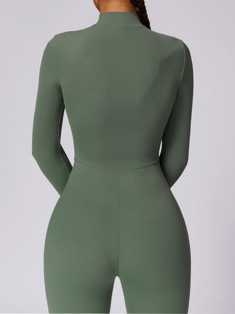 Women's Solid Zip Up Long Sleeve Sports Jumpsuit, Casual Sporty Comfy Jumpsuit for Yoga Gym Workout, Ladies Sportswear for All Seasons, All Season Activewear