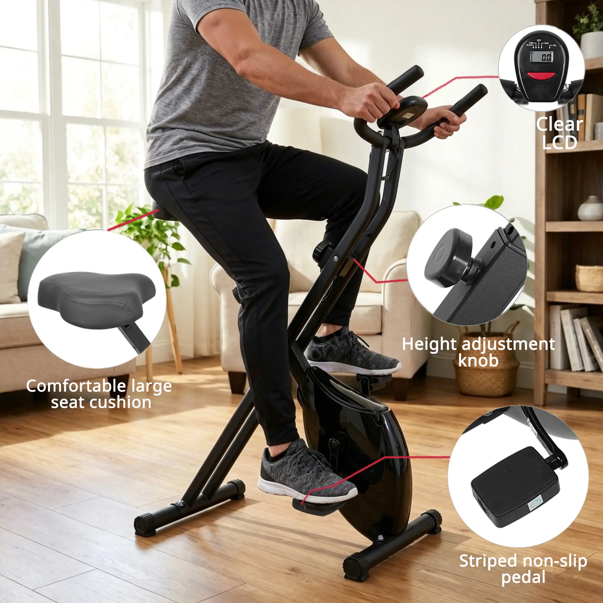 Folding Exercise Bike, 1.6kg Flywheel Stationary Bike with 8-Level Resistance Adjustment, Ergonomic Seat & Non-Slip Pedals, Foldable Home Workout Bike for Home Gym & Office Use, Max Load 120KG