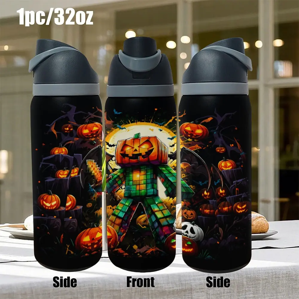 1pc 20oz/30oz/32oz Stainless Steel Insulated Tumbler, Pumpkin Minecraft Pattern, Leak-Proof, Office & Commuter Mug, Flask Tumbler, Perfect Holiday Gift