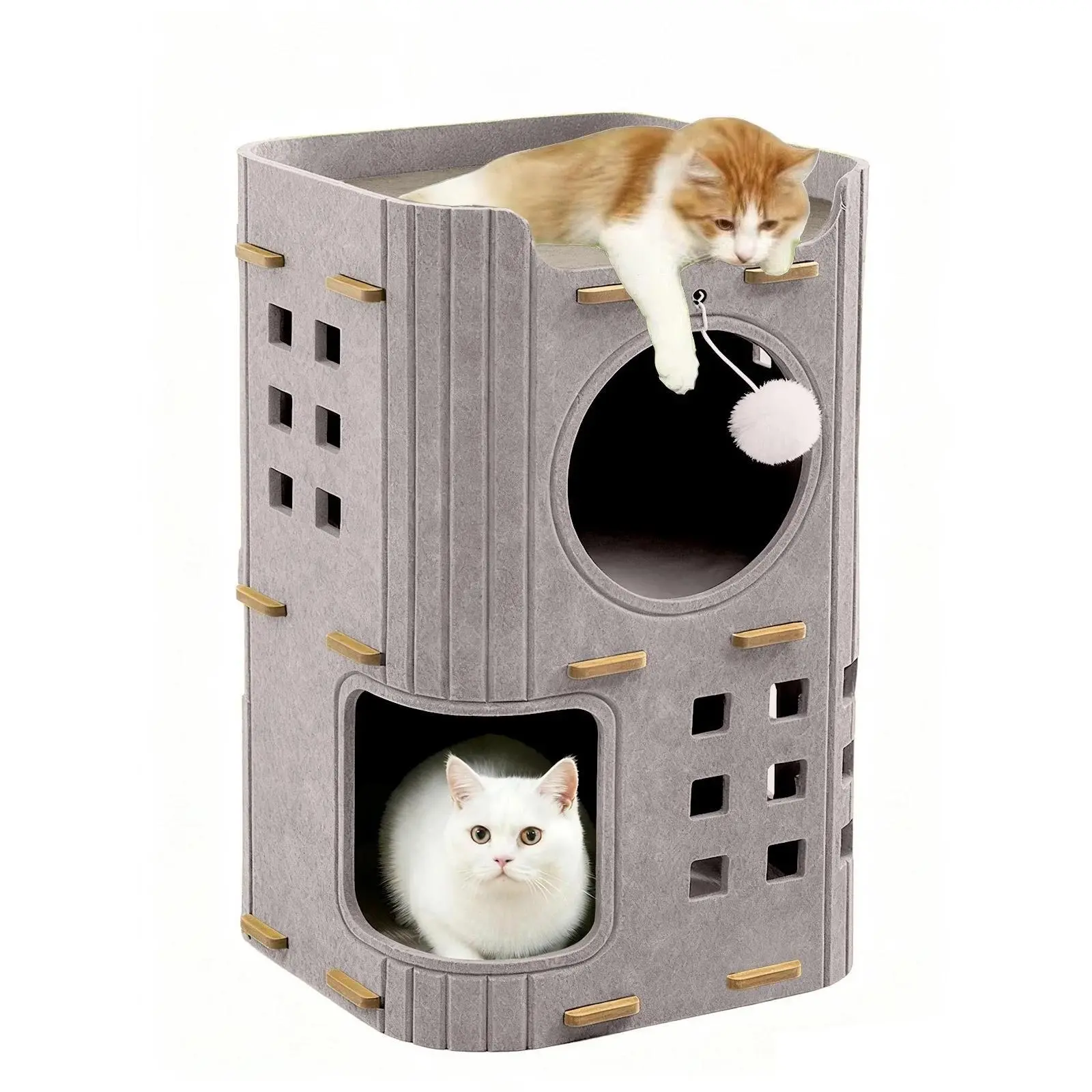 Inadays Cat House for Indoor Cats, 2-Storey Cozy Felt Cat Bed Cave with Tunnel Hideaway, Large Multi-Cat Condo for Rest & Play, Gray