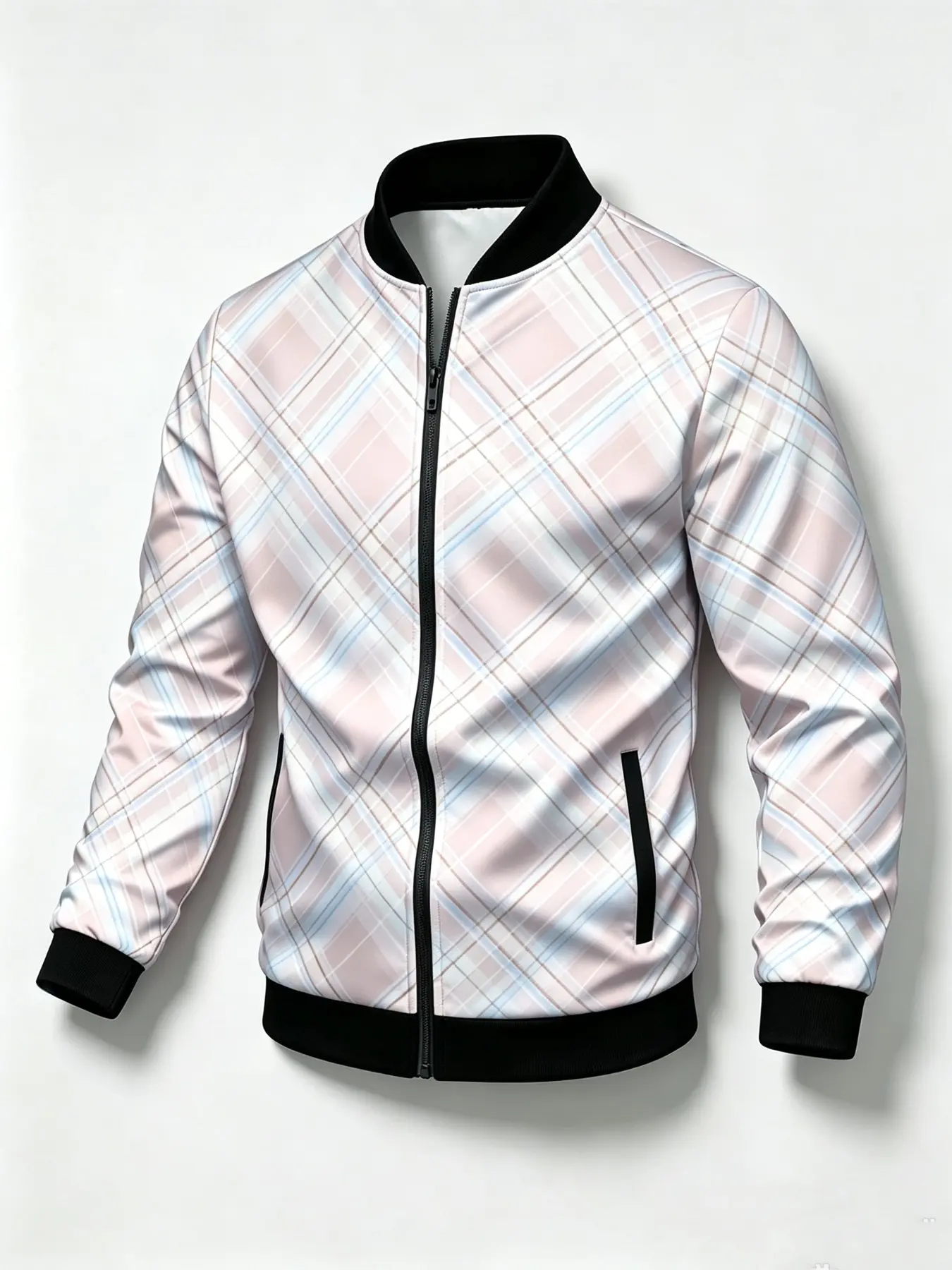 Men’s Plaid Print Zip‑Up Bomber Jacket, Classic Tartan Pattern Outerwear, Black Ribbed Collar Cuffs Hem, Loose Fit Long Sleeve Casual Coat For Daily Street Wear.