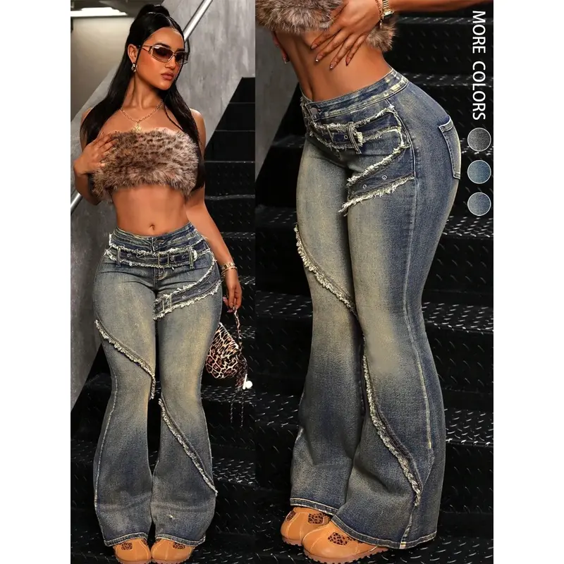 Women's Fitted Bootcut Jeans with Buckle Design, Distressed Flare Jeans, Y2K Fashion Trendy Washed Denim Pants, Perfect for Daily Wear