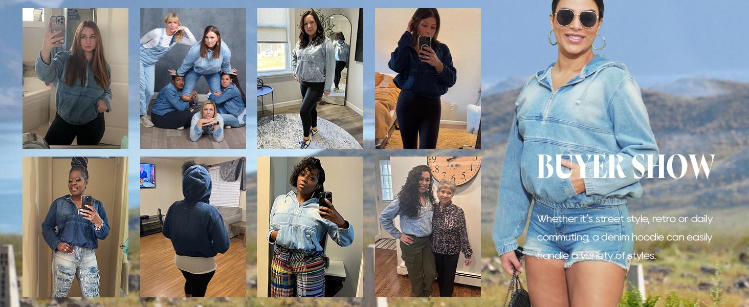 2026 Women's Half Zip Denim Hoodie Pullover Jackets Jean Tops