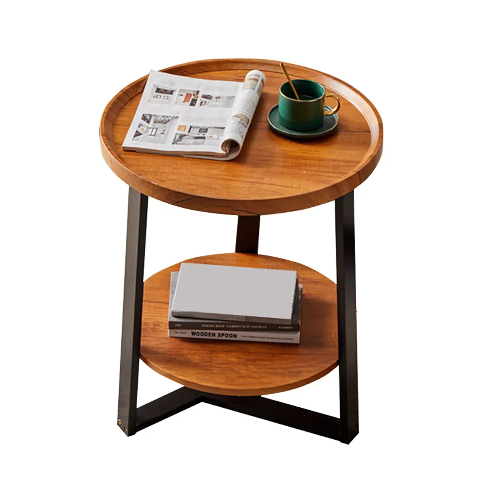 Round End Table, 19.69 IN Wood Tabletop & Black Metal Frame, 2-Tier Side Table for Living Room, Bedroom, Walnut