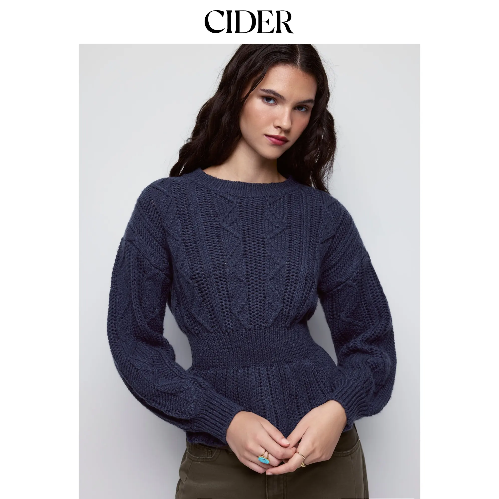 Cider Cable Knit Lantern Sleeve Peplum Hem Sweater