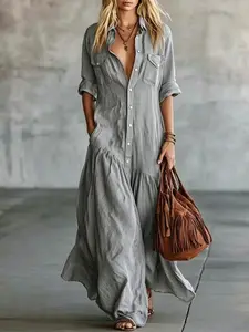 2026 Long Shirt Collar Button Fashion Patchwork Pocket Dress, Boho Shirt Dress, European and American Cross-Border Export, Independent Station Clothing