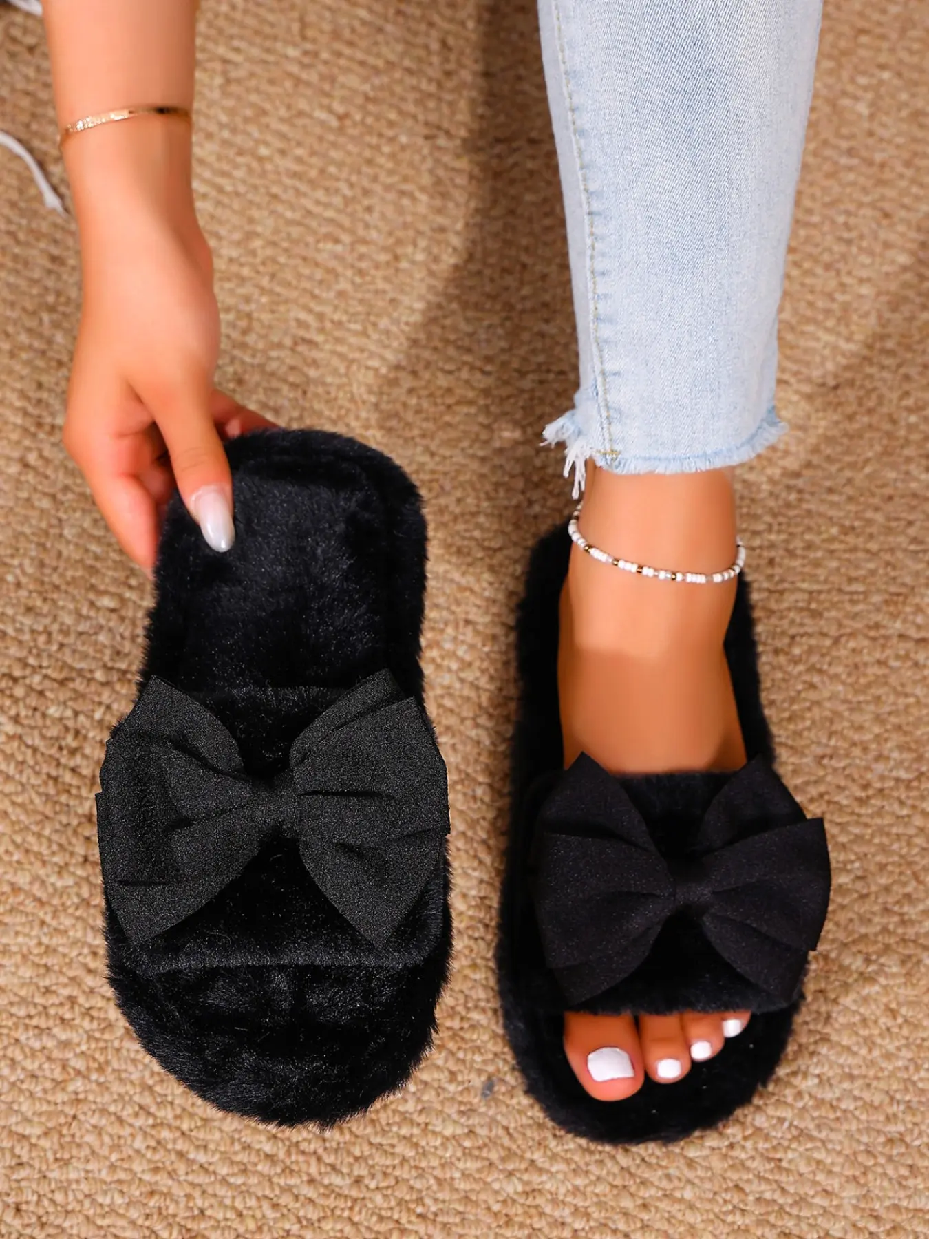 Women's Black Fluffy Fur Slide Slippers, All Season Sweet Fashion, 2 Colors Available, Plus Size, Big Bow Decor Flat Sole, Versatile Indoor Outdoor Open Toe Casual Shoes For Ladies