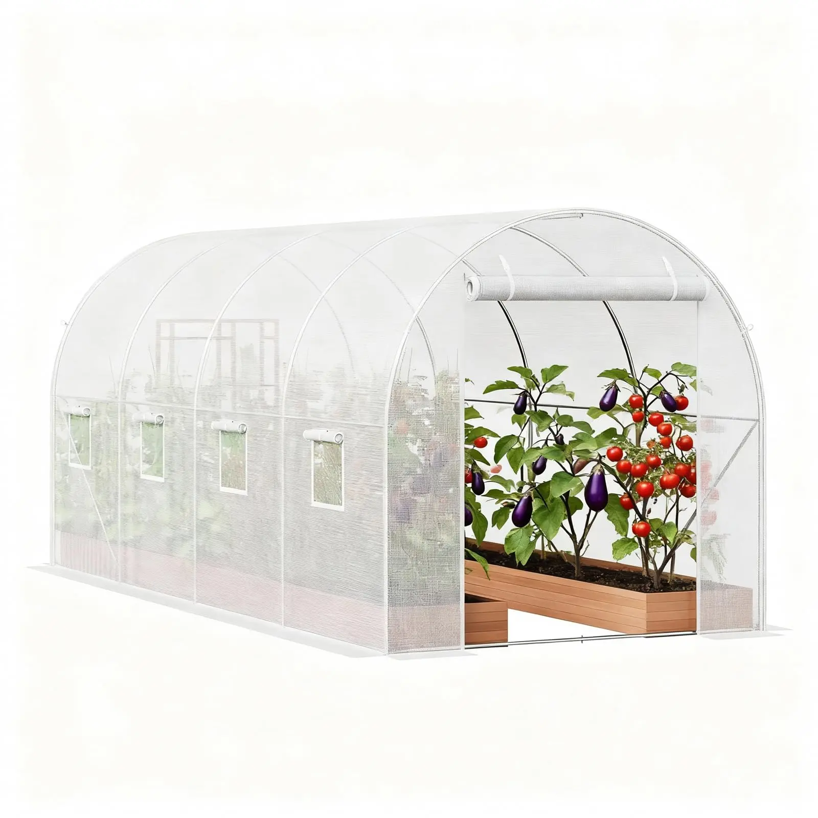 Heavy Duty Walk-In Tunnel Greenhouse – 14.6x6.4x6.3 ft – Galvanized Steel Frame – UV-Resistant Waterproof PE Cover – 8 Mesh Windows – Roll-Up Zipper Door – Ideal for Backyard Gardening
