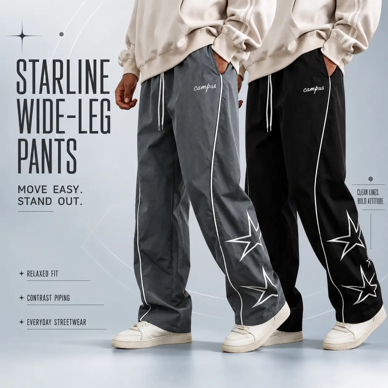 Mens Star Graphic Baggy Wide Leg Pants Contrast Piping Drawstring Waist Casual Street Pants Hip Hop Vintage Loose Fit Windbreaker Trousers
