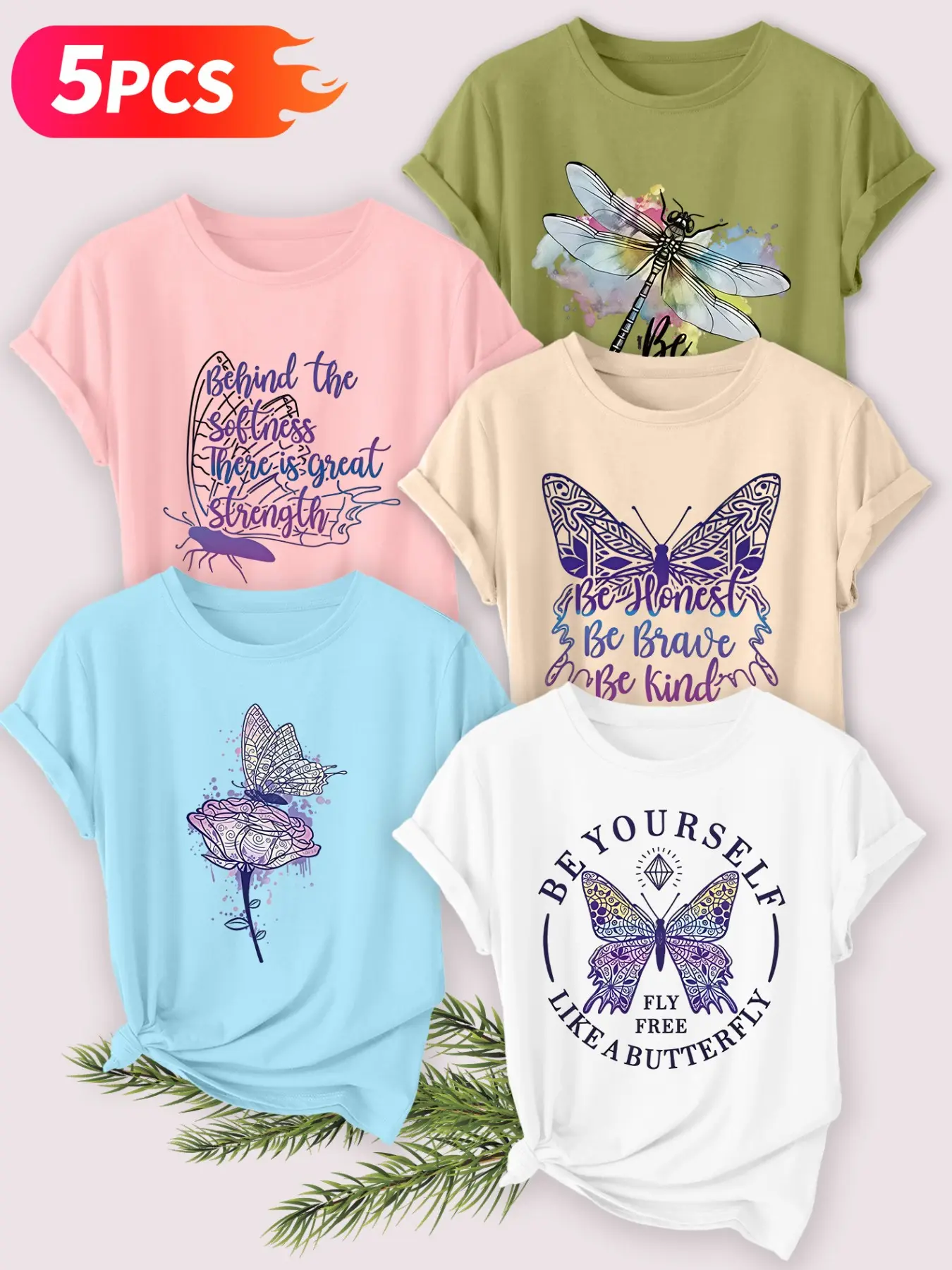 5Pcs Women Crew Neck T-shirt, Gradient Watercolor Butterfly Rose Mandala Inspirational Floral Art Print, Soft Aesthetic Washable Daily Fashion Tee Outfit