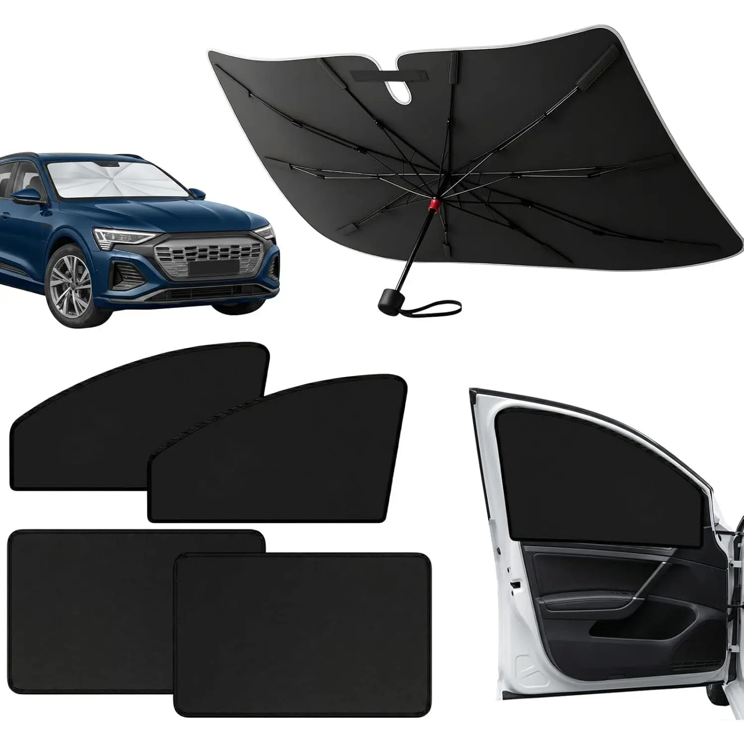 Car Window Shades & Windshield Sun Shade, Magnetic Car Sun Shade Set| 4 Side Window Shades + Windshield Umbrella with Bendable Handle, UV Blocking, Heat Insulation, for Car Camping SUV Truck Van