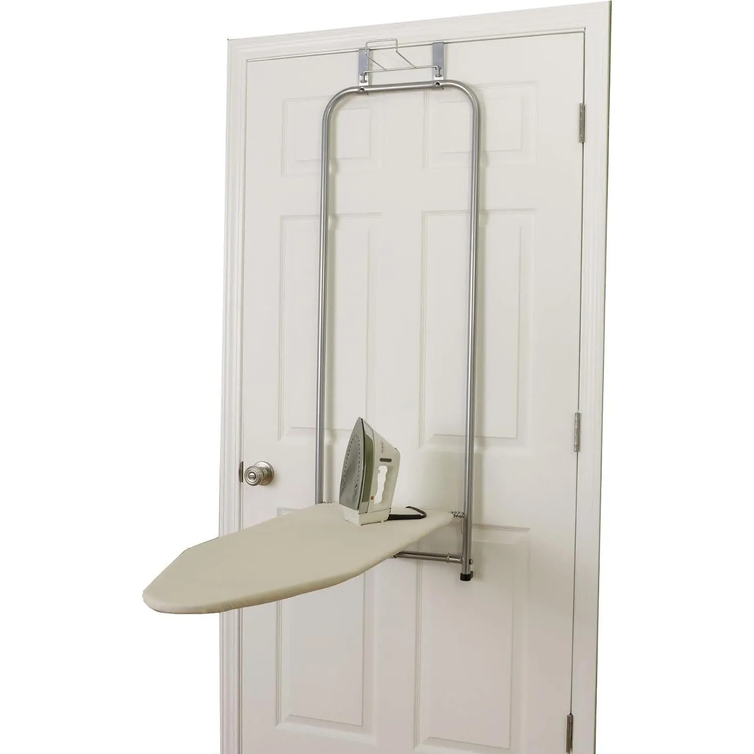 144222 Over The Door Small Ironing Board with Iron Holder, Natural Cotton Cover Silver