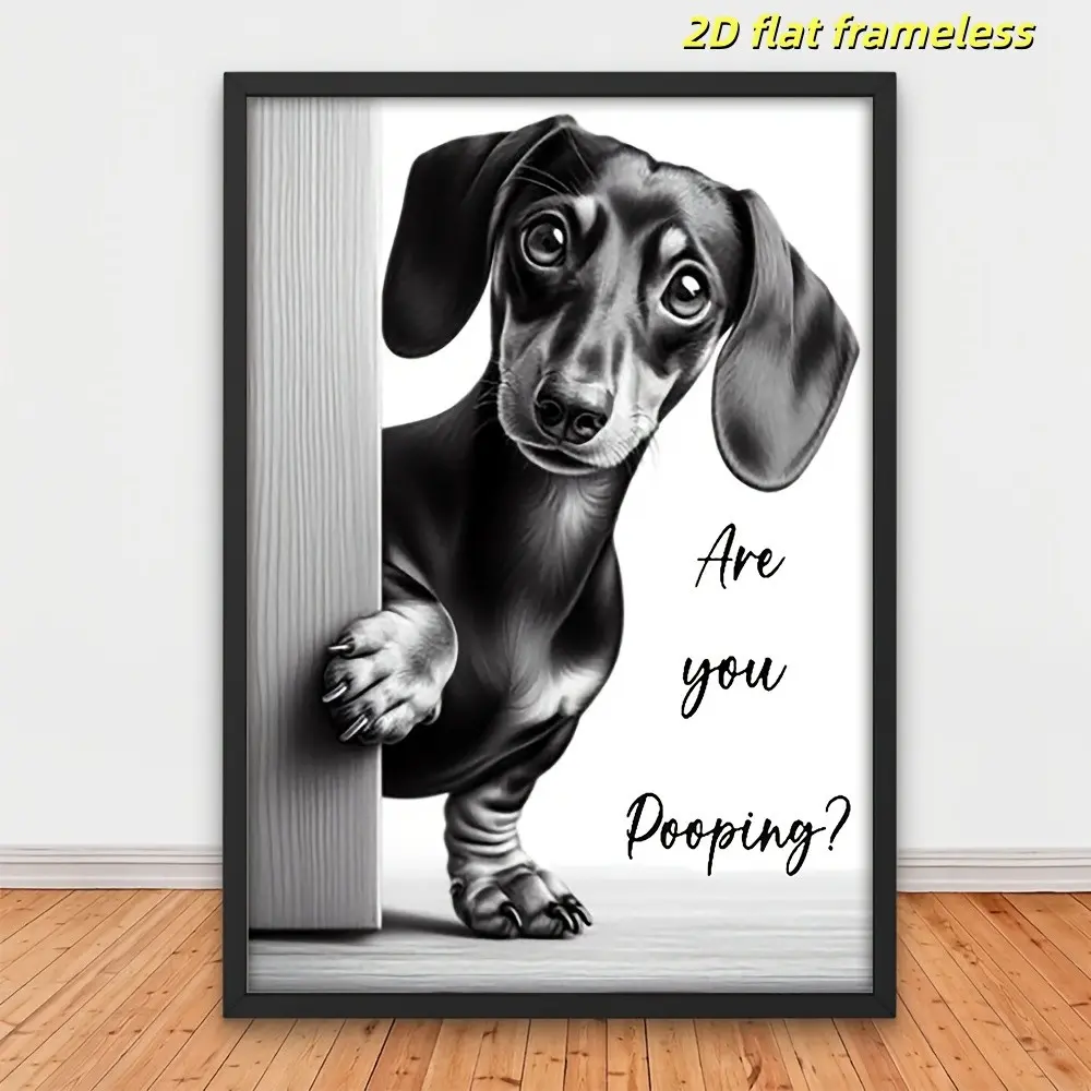 1 piece of fun dachshund peeking at canvas wall art - "Are you pooping?" Humorous bathroom decoration, playful dog themed art 2D flat printing frameless painting