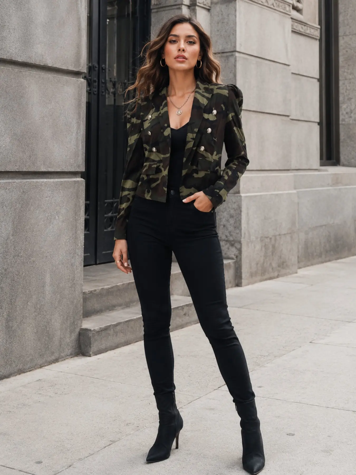 1 Piece Women’s Camo Print Cropped Blazer, Tailored Slim Fit Structured Shoulder Jacket with Double Breasted Metallic Buttons, Military Style Outerwear for Streetwear, Parties & Daily Wear, Women’s Spring Fall Fashion
