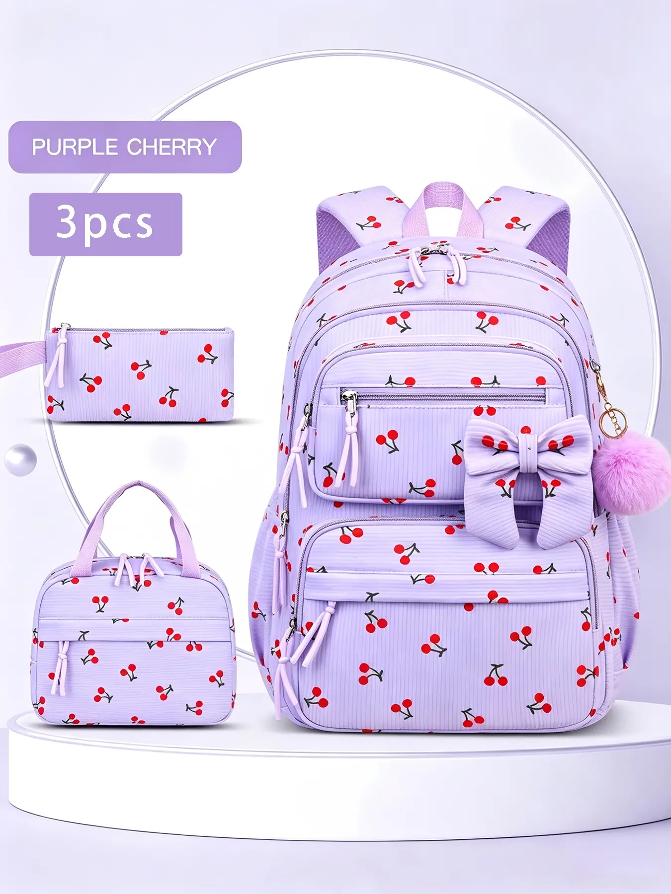 3pcs Cherry Print Backpack Combo, School Backpack Set With Meal Bag Stationery Pouch Bow Decor Pom Pom Pendant Multi-Layer Zipper Compartments Padded Adjustable Shoulder Straps Large Capacity for Campus Study Daily Commute Weekend Outdoor Trip