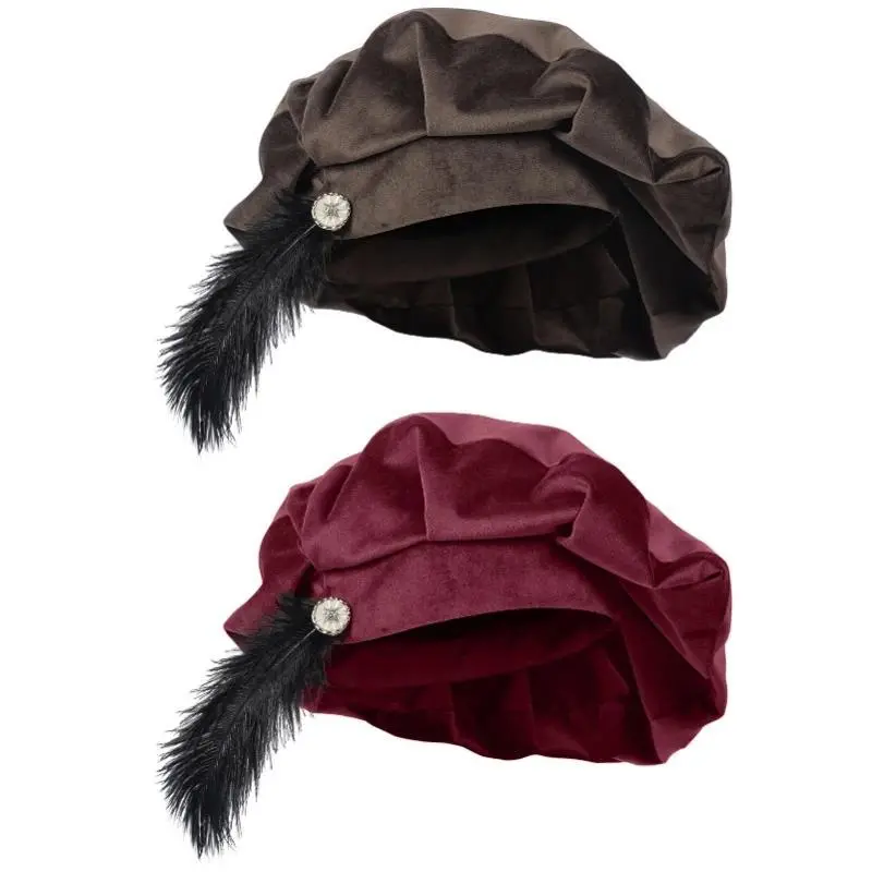2026 Spring/Fall Red Medieval Tudor Feather Hat for Men,Clown Pudding Elizabethan Renaissance Men's Cap,Hat Circumference: 62 Cm