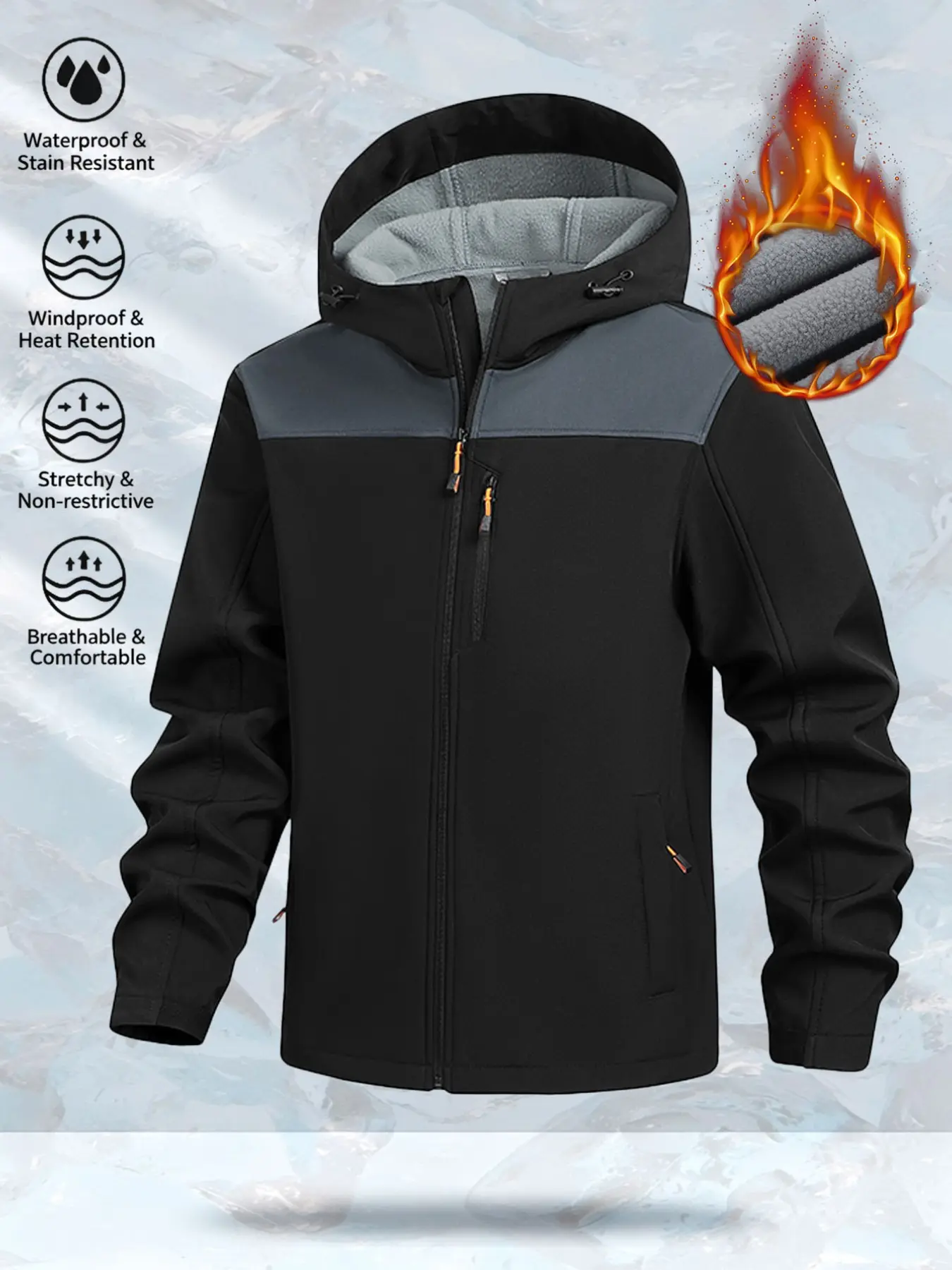 Men's Fall Winter Fleece Lined Jacket, Casual Loose Fit Outdoor Waterproof Windproof Warm Coat, Soft Shell Raincoat for Men