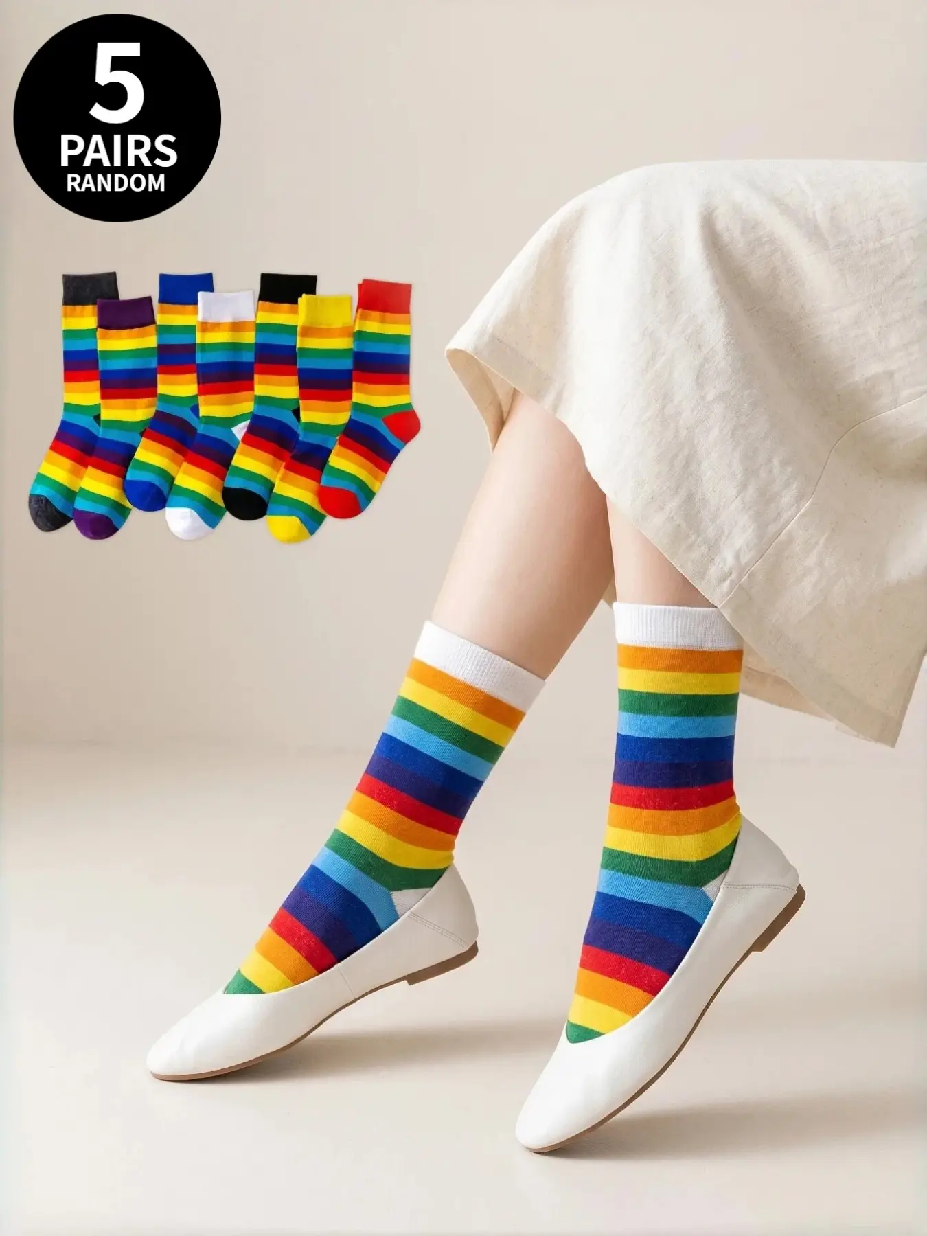 5-Pair Random-Color Rainbow Full-Leg Socks with All-Over Seven-Color Horizontal Stripes—Mid-Calf Socks for Men and Women, Casual Socks, Dopamine High-Saturation Striped Color-Blocking Sock Set—Pride Dopamine Y2K Statement Fashion Essentials