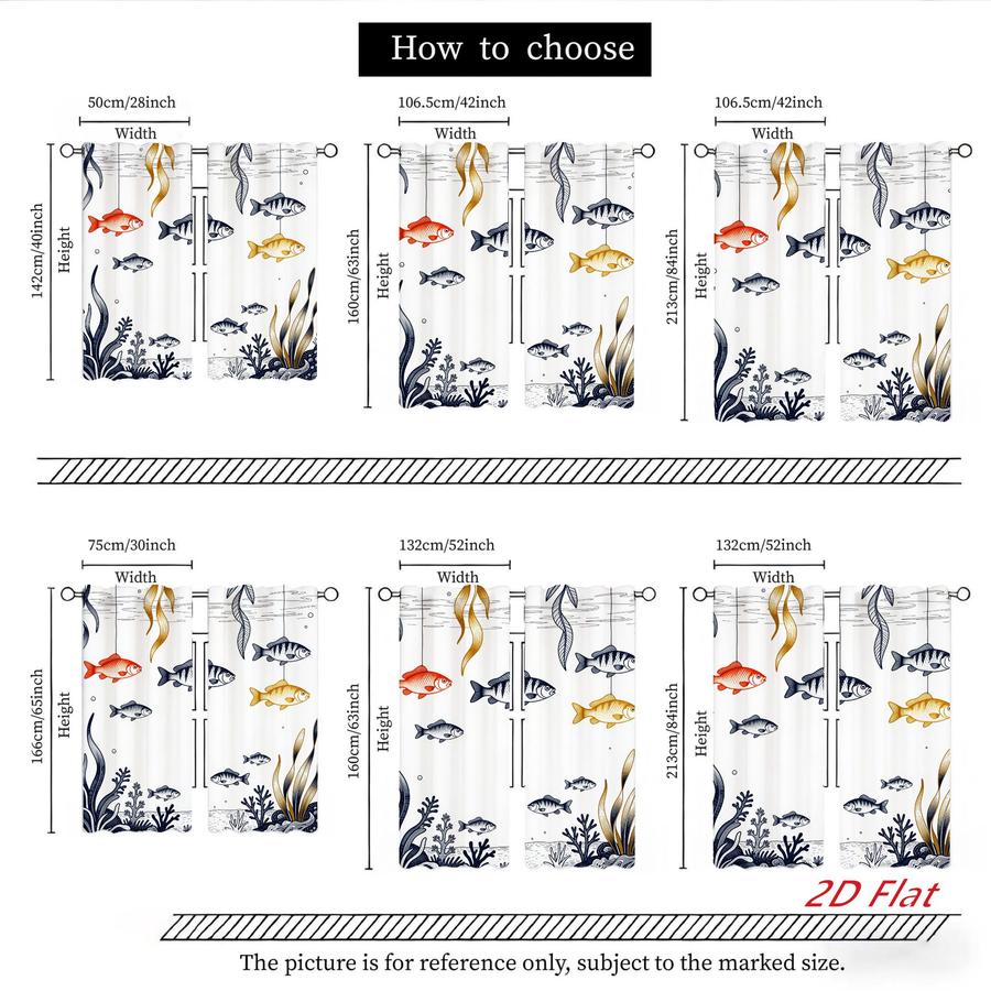 2Pcs Nautical Ocean Fish Seaweed Pattern Sun Blocking Curtains Digital Printed Rod Pocket, Window Treatment For Bedroom Office Kitchen Living Room Study Home Decor