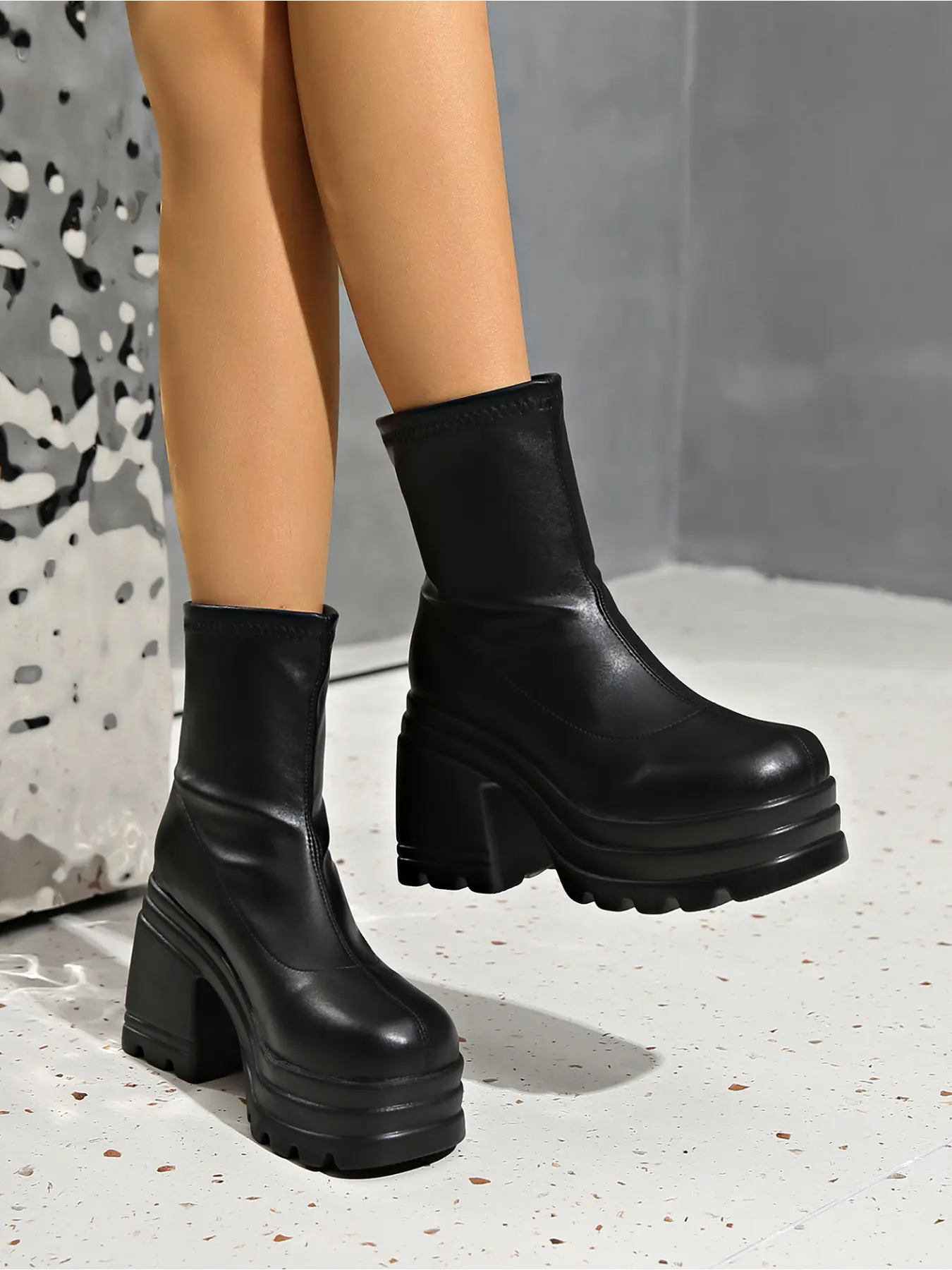 Ladies High Platform Stretch Booties Block Heel Round Toe Slip On Ankle Boots Goth Y2K Fashion Leather Short Boots Gothic Ankle Boots