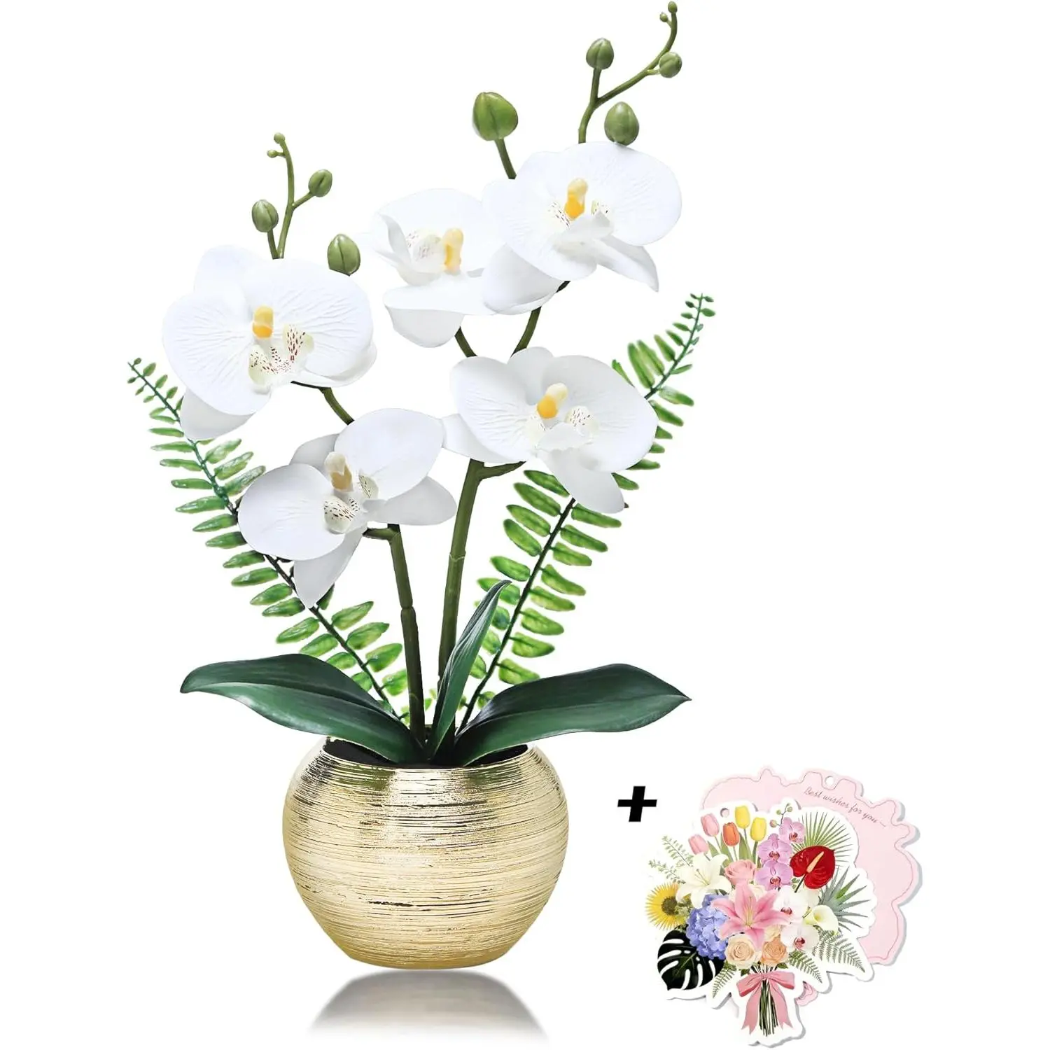 14-Inch Sturdy Contemporary Artificial White Phalaenopsis Orchid - Photorealism 3D Touch Wrinkle-Resistant Silk Flower in Golden Ceramic Vase, No-Maintenance Arrangement for Home Decor, Birthday Gift