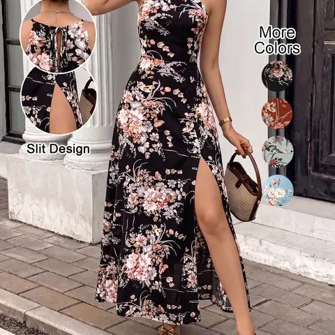 Elegant Classy Floral Print Halter Neck Sleeveless Dress, Boho Style Split Thigh Design, All-Season Woven Fabric, Fitted Thin Chic Fashion for Women, Bodycon Halter Dress, Boho Style Dresses