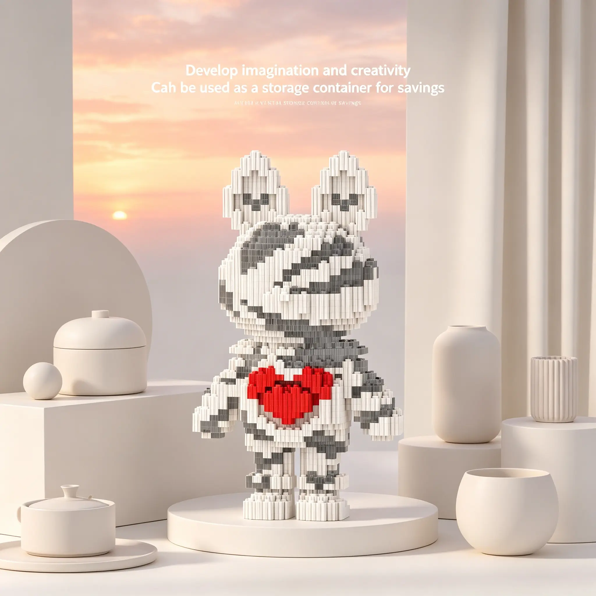 Valentine's Day Heart Bear Building Blocks 3D Puzzle Model, Stress Relief Toy, Indoor Decoration, Birthday Christmas New Year Gift