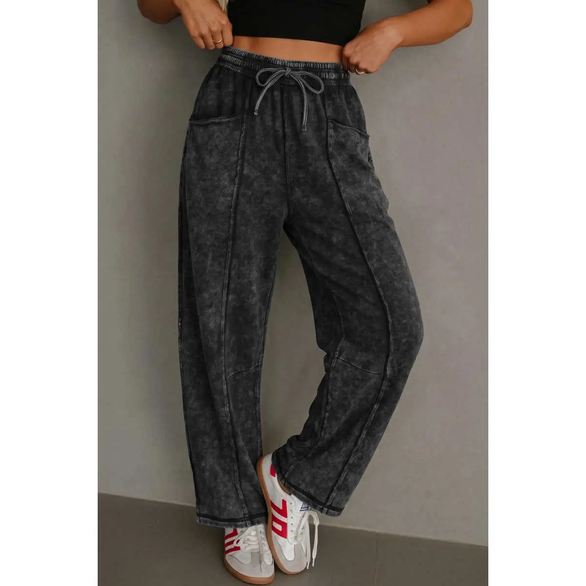 Women's Black Washed Mineral Raw Seam Basic Loose Drawstring Elastic Waist Barrel Bottoms Pants, Barrel Pants, Solid, Cotton, Baggy, Fit, Pockets