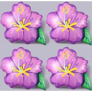 4Pcs Tropical Summer Foil Balloons, 23.6inch Purple Hibiscus Flowers Balloon for Magic Theme Hawaiian Flamingo Summer Luau Aloha Beach Birthday Party Decorations