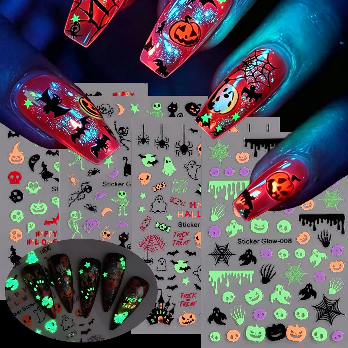 Glow-In-The-Dark Halloween Nail Stickers, Cute Ghost, Skull, Spider Web Patterns, DIY Gothic Nail Art, Nail Decoration, Perfect for Parties and Holidays