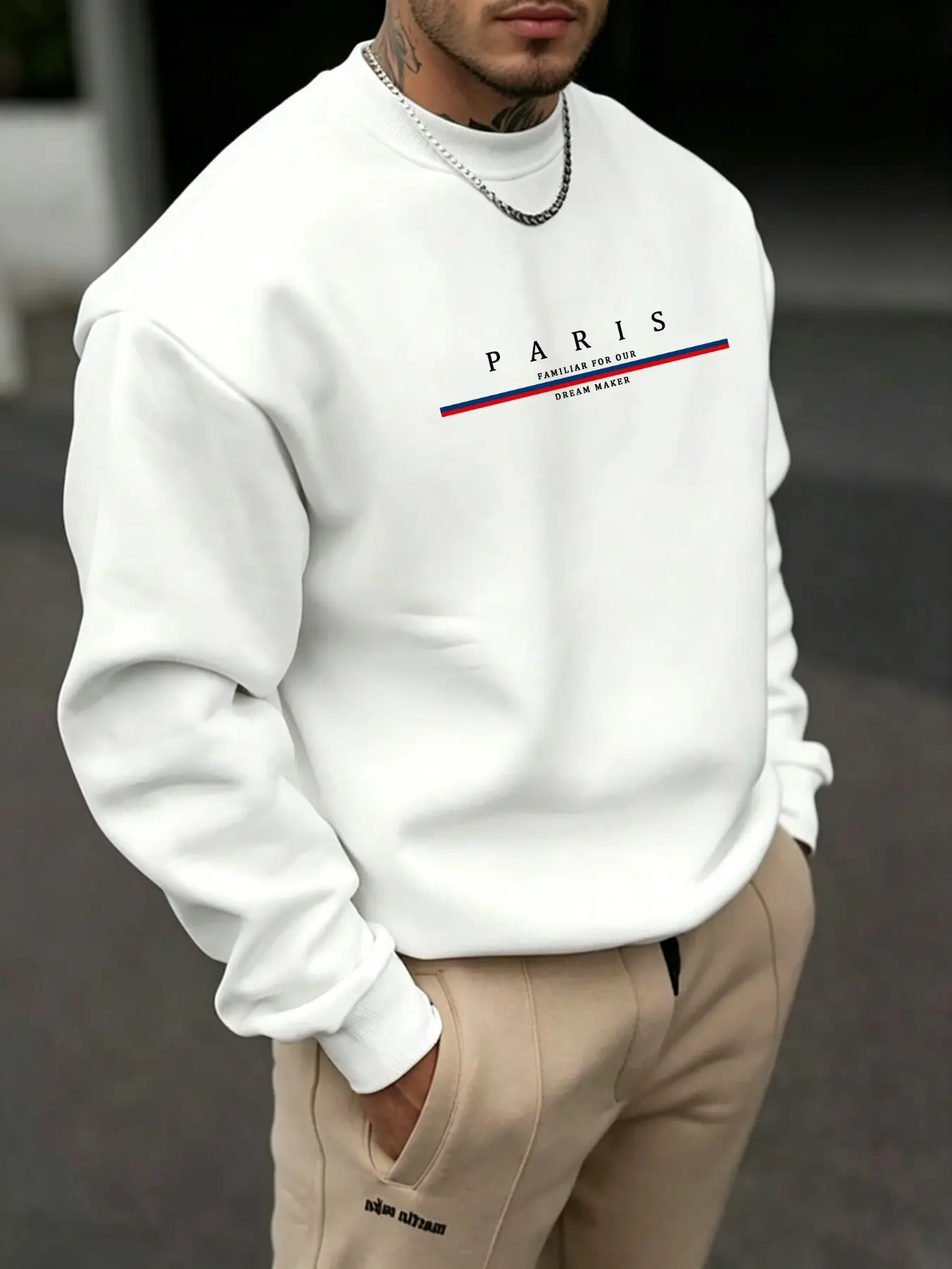 Men's Simple PARIS Letter Red Blue Stripe Print Crewneck Sweatshirt, Loose Long Sleeve Pullover for Commute, Shopping, City Travel & Daily Casual Wear, Men's Fall Outfits & Winter Outfits