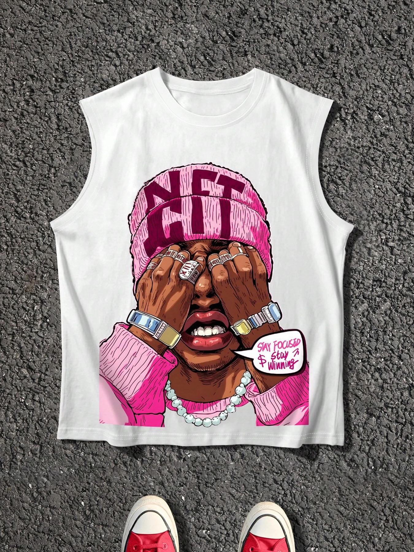 Men's Cartoon Face Print Tank Top, Loose Casual Sleeveless Round Neck Vest for Summer, Men's Top for Daily Wear, Socks