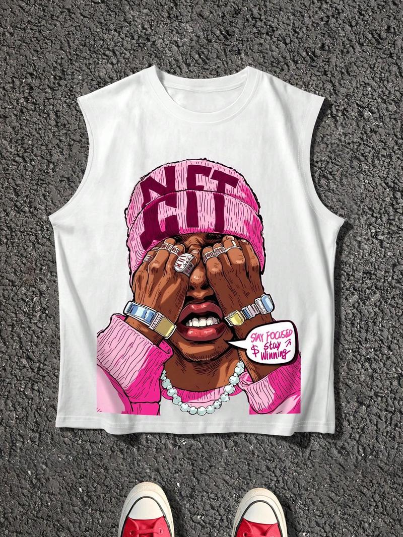 Men's Cartoon Face Print Tank Top, Loose Casual Sleeveless Round Neck Vest for Summer, Men's Top for Daily Wear, Socks