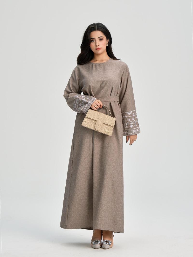 Women's Ethnic Pattern Floral Embroidery Long Sleeve Dress, Casual Round Neck Zipper Dress for Daily Wear, Ladies Islamic Clothing for All Seasons