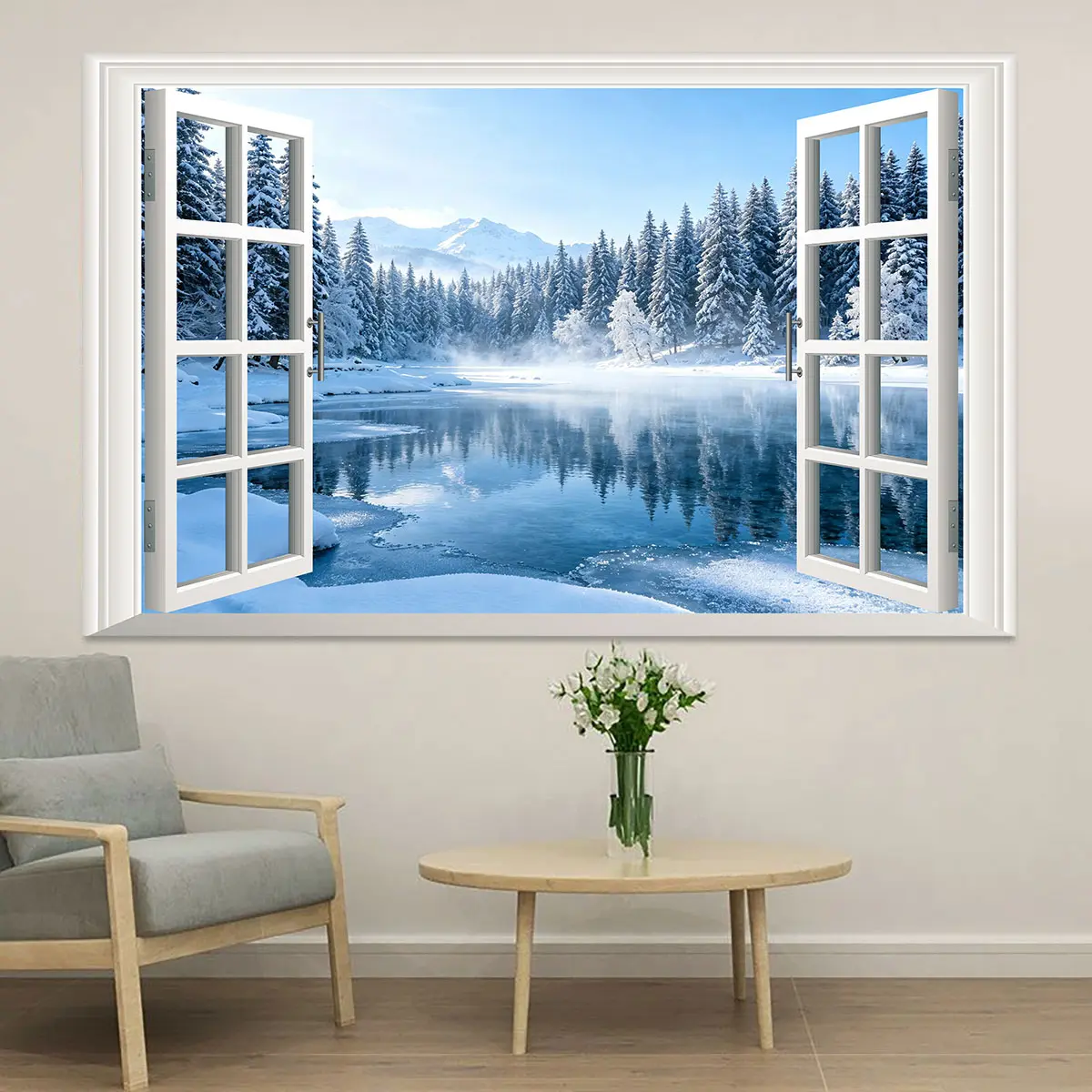 Snowy Lake View Fake Window Sticker, Removable Peel And Stick Decal For Bedroom Bathroom Decor