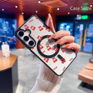 Phone Case: Lucky Red Cherries with Ribbons and Shining Golden Stars Black Border Magnetic Phone Case, Anti-Yellowing, Slim Lightweight & Bare Feel, Luxury Premium Design for Samsung Galaxy S22 S23Fe S24 S25 Plus Ultra, Trendy & Perfect