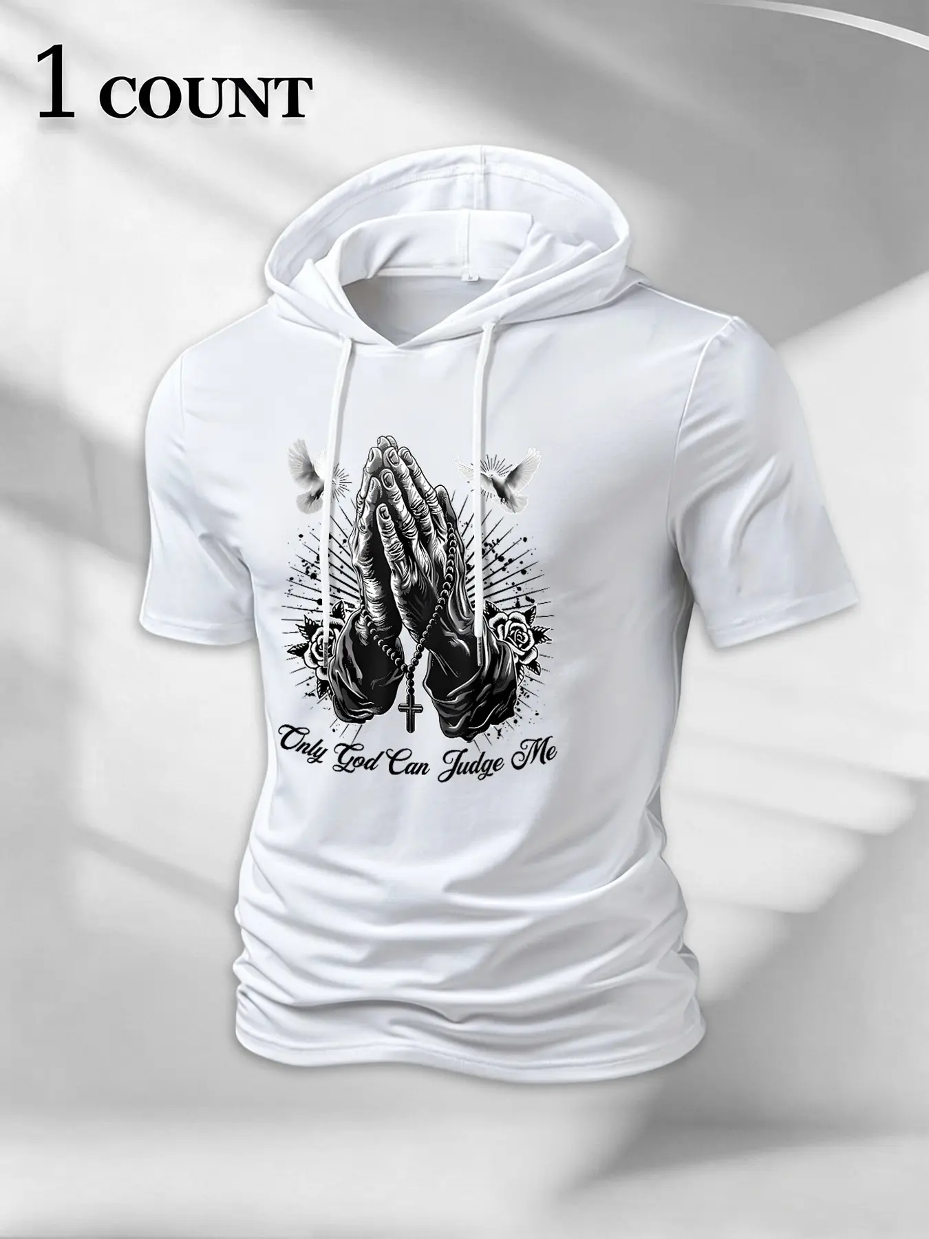Men's Prayer Hands Dove Rose Cross Print Short Sleeve Hooded T-Shirt, American Christian Retro Loose Fit Casual Top, Casual Print Clothes, All Seasons