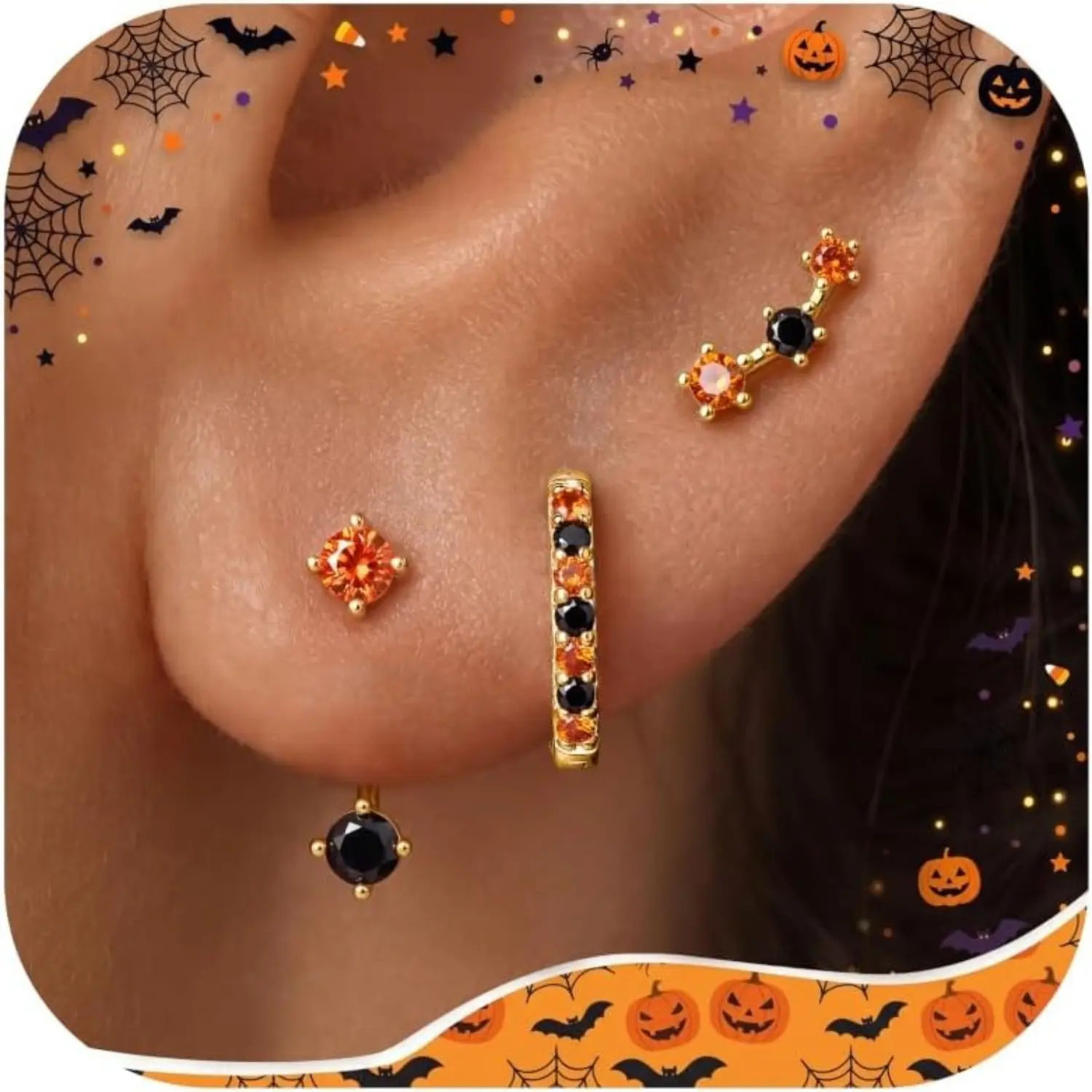 FIASASO Halloween 3 Pairs Dainty Small Earrings Set, Gold Plated Hypoallergenic Stud Huggie Hoop Stack for Cartilage Helix, Trendy Women Halloween Party Costume Jewelry Gifts
