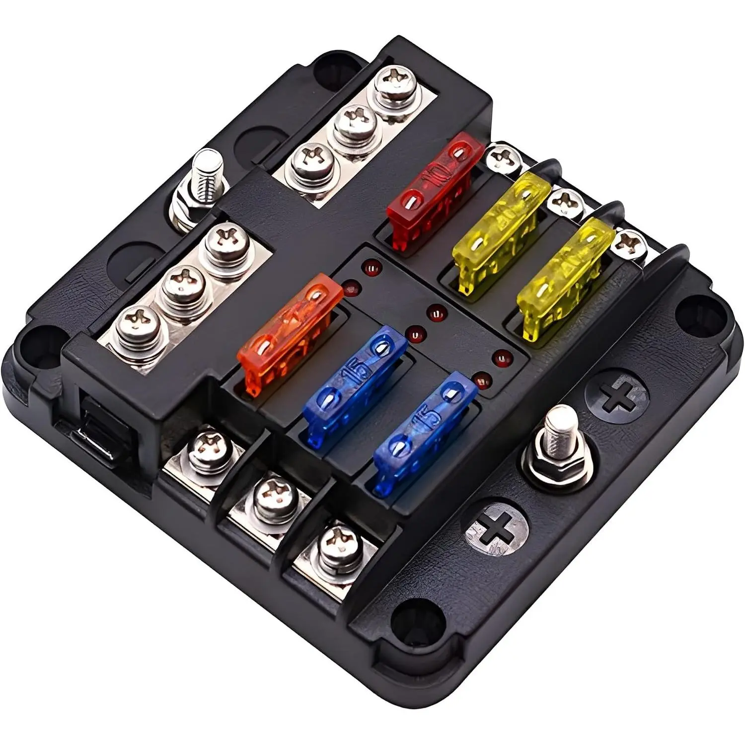 12 Volt Fuse Block, Waterproof 6 Way Fuse Box with 6 Ground Negative Busbar, 100 Amp Max, LED Indicator, for Car Golf Cart Boat Marine RV DC 12-24V