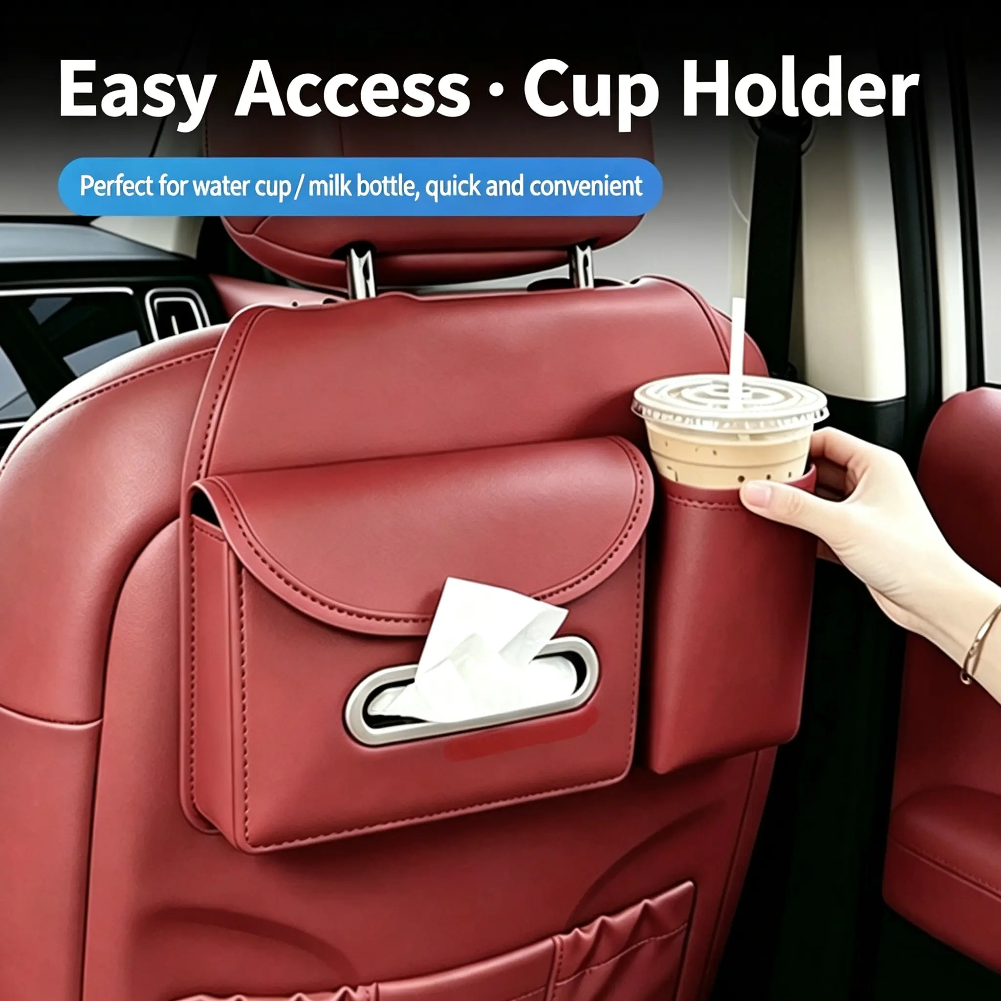 Universal Fit Car Seat Back Storage Bag with Tissue Box and Cup Holder, Sturdy Leather Vehicle Backrest Organizer for Drinks, Tissues & Small Gadgets