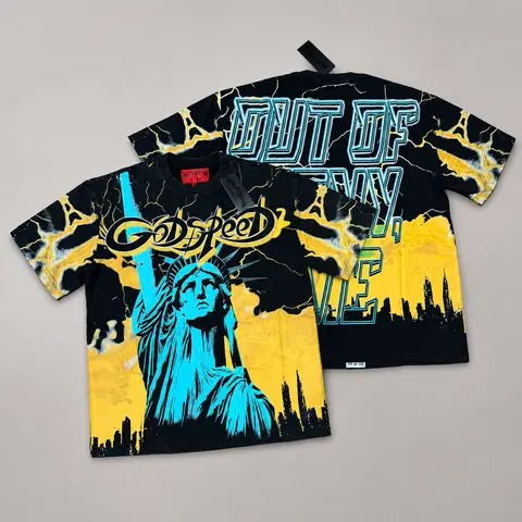 GOD-SPEED Graphic Print Cotton T-Shirt Men Women Streetwear Vintage Washed Heavyweight Tee Y2K Oversized Short Sleeve Rhinestone Detail Urban Fashion Casual Top