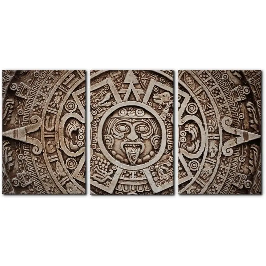 Pacimo 3 Pieces Modern Wall Art Ancient Mayan Calendar Pictures Paintings Print on Canvas Aztec Calendar Giclee Prints Artwork Gallery Wrapped Stretch and Framed Ready to Hang - 16"x24"x3 Panels