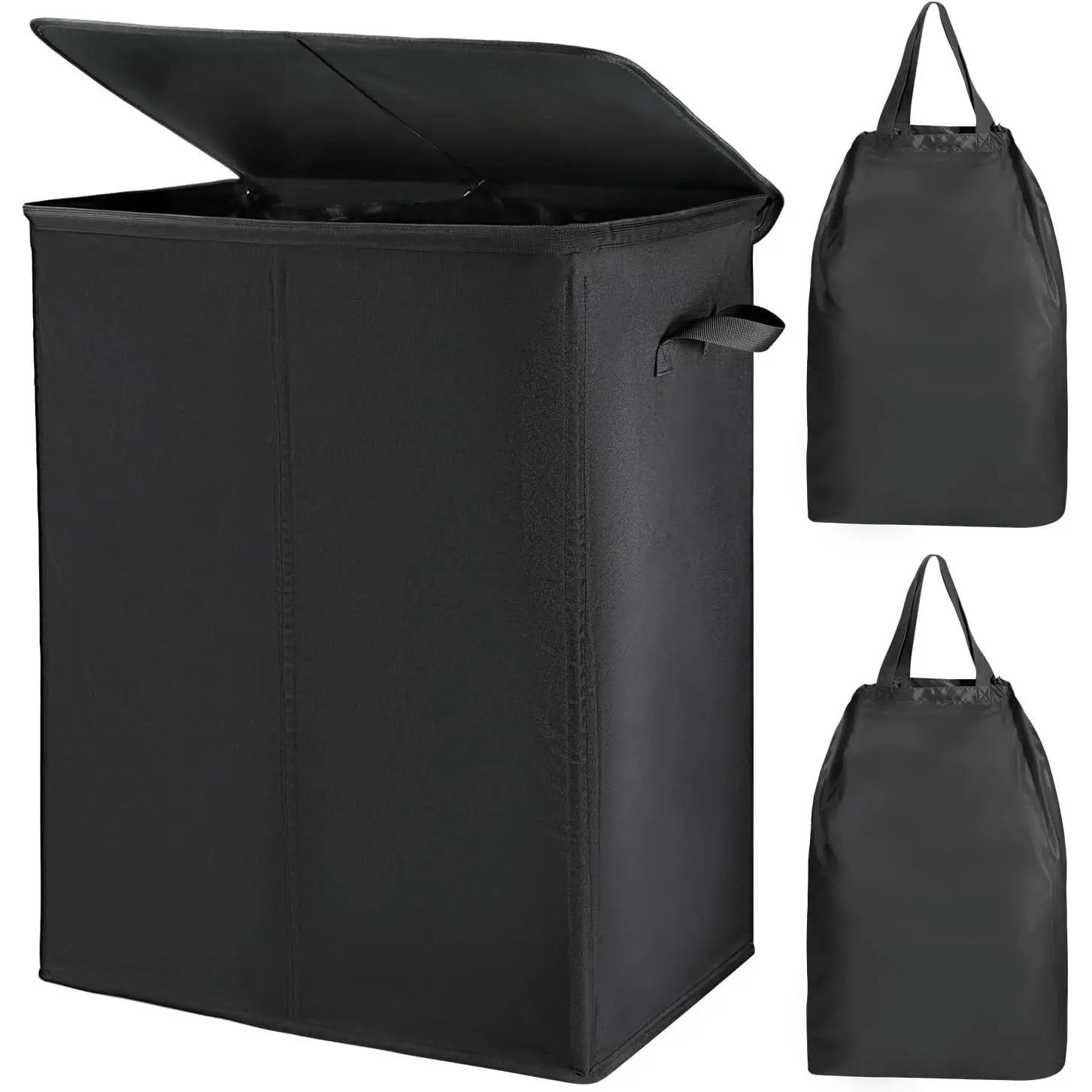 154L Double Laundry Hamper with Lid and 2 Removable Laundry Bags, Large Collapsible 2 Dividers Dirty Clothes Basket with Handles for Laundry Room, Bedroom, Bathroom, College Dorm, Black