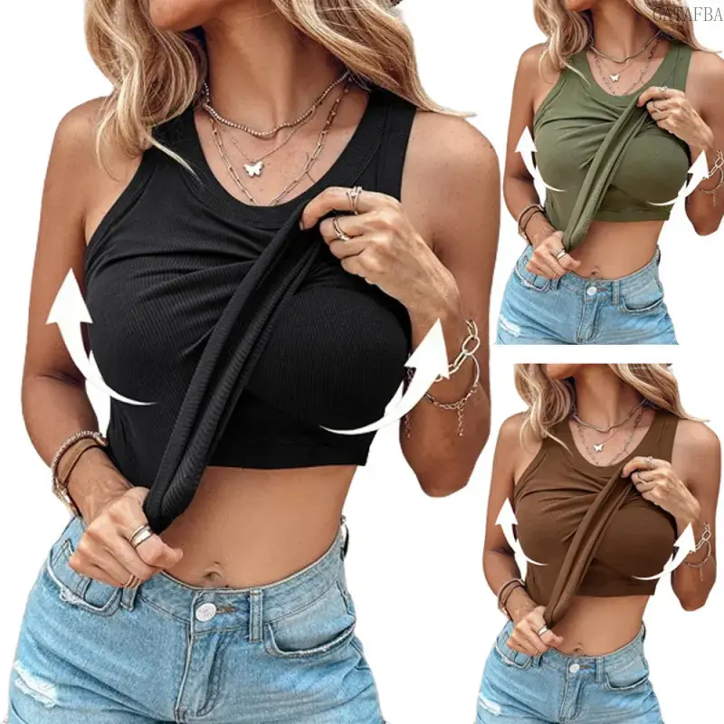 Adjustable Front Ruched Cropped Tank Top, U-Neck Sleeveless Slim Fit Layering Camisole, Solid Color Basic Versatile Top for Women Daily Casual Wear
