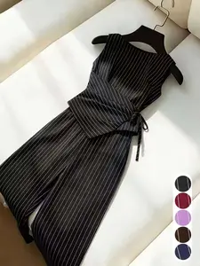 Striped Sleeveless Commuter Two-Piece Set Matching, Vertical Stripes Slimming Office, Elegant Casual Stripe Suit, All-Season Business Wear Polyester